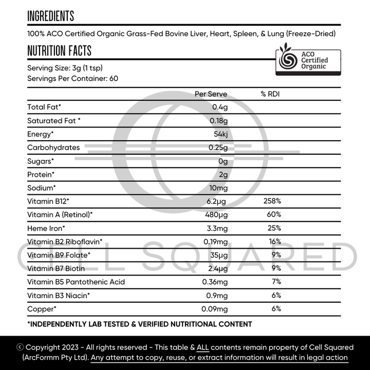 Cell Squared Organic Grass Fed Beef Organs Powder 180g