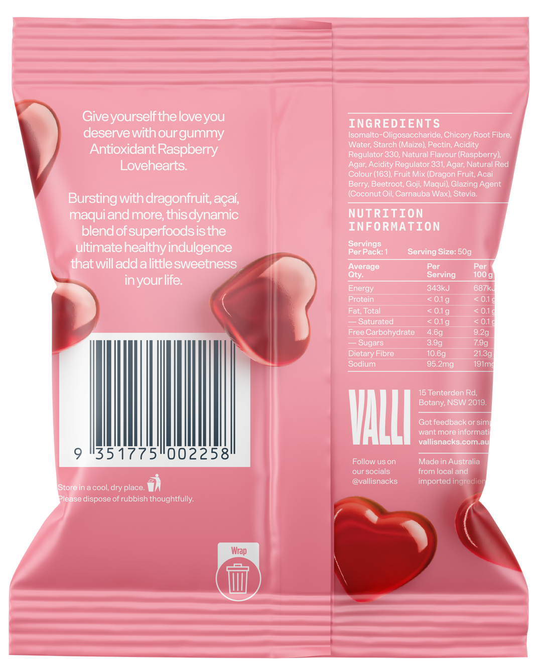 Valli Snacks Antioxidant Raspberry Hearts 50g