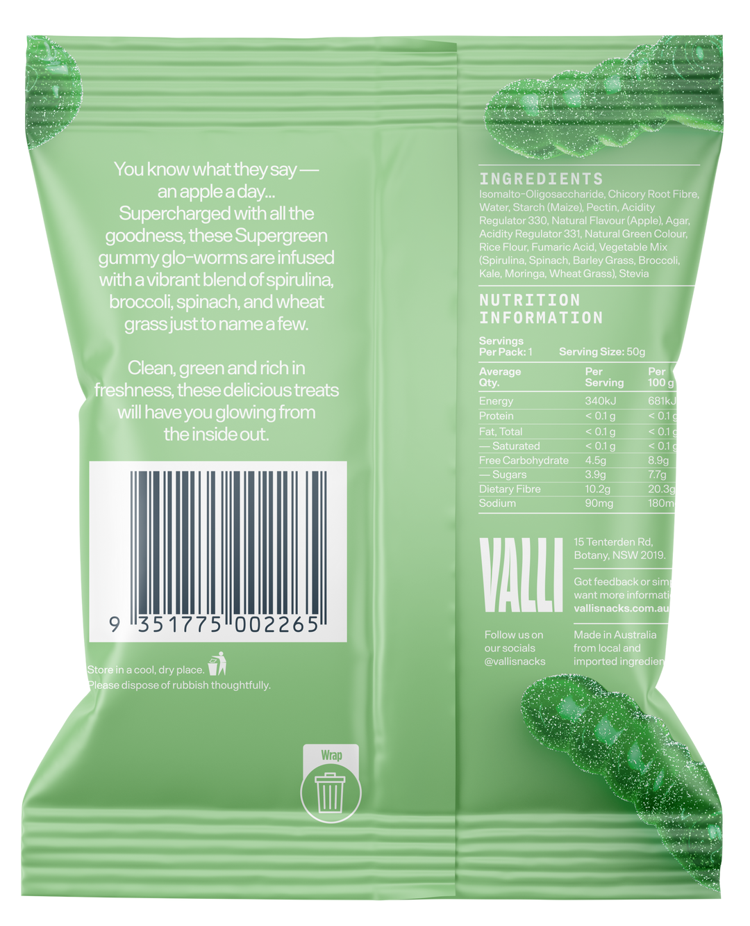 Valli Snacks Sour Apple Super Green Glo-worms 50g