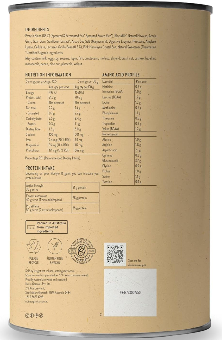 Nutra Organics Clean Protein Creamy Vanilla 500g