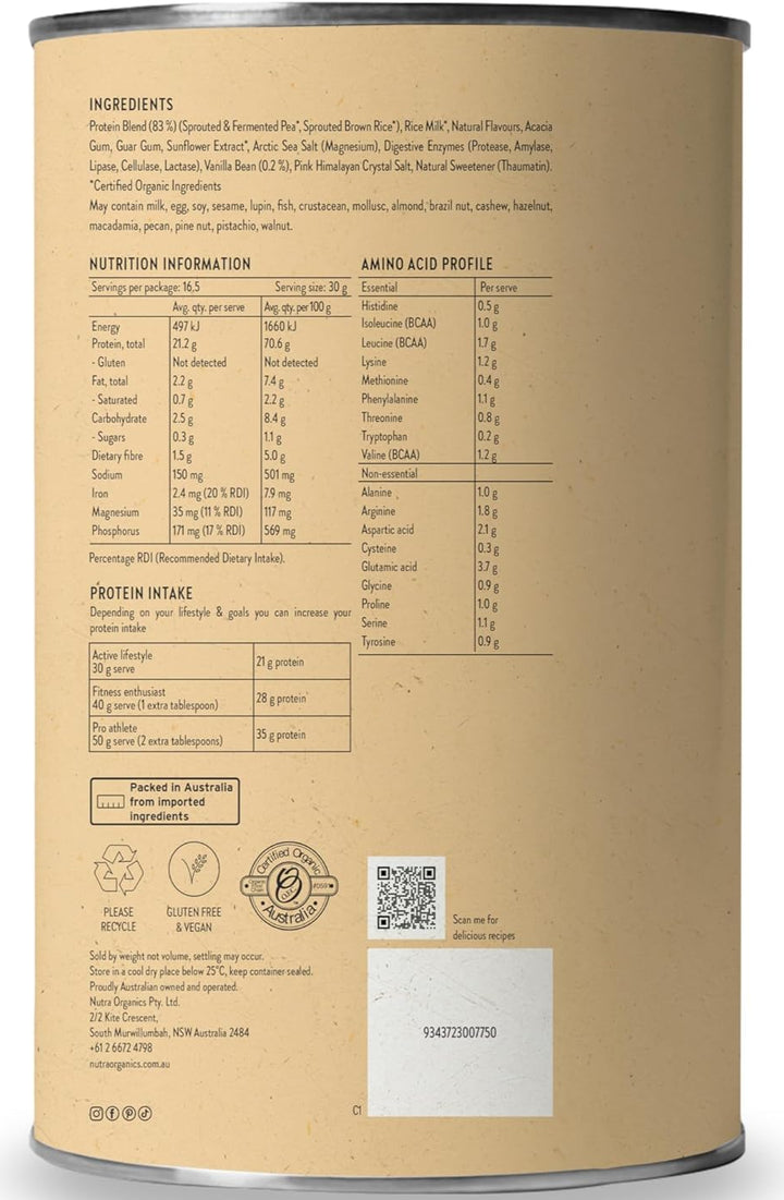 Nutra Organics Clean Protein Creamy Vanilla 500g