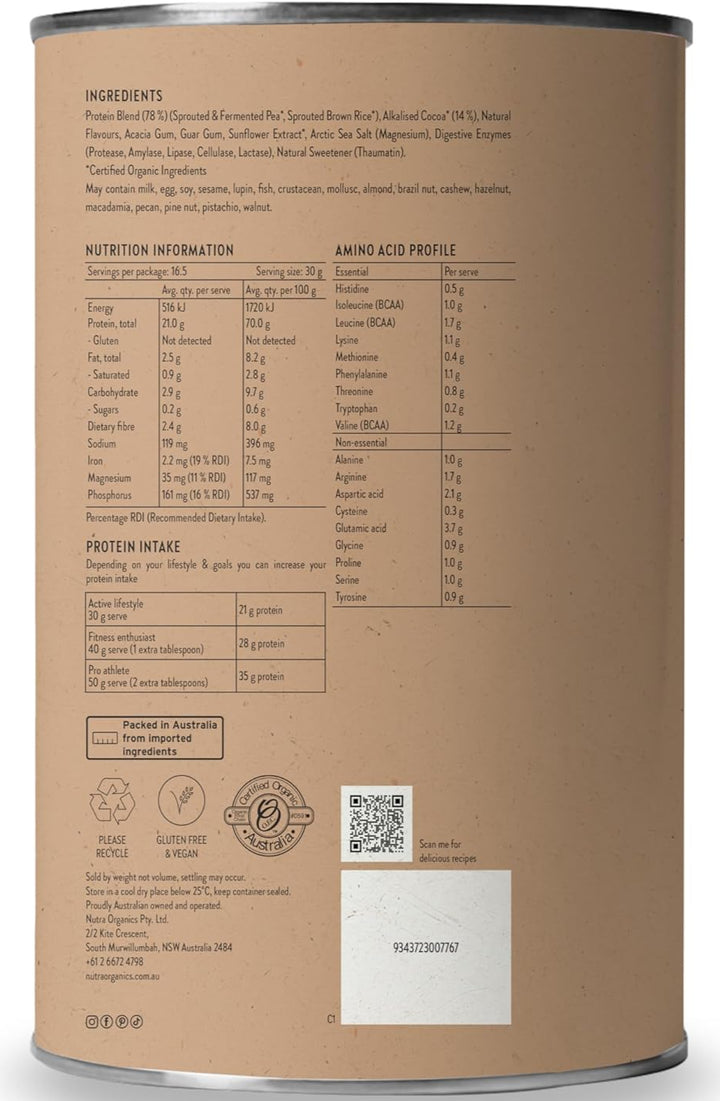 Nutra Organics Clean Protein Smooth Chocolate 500g