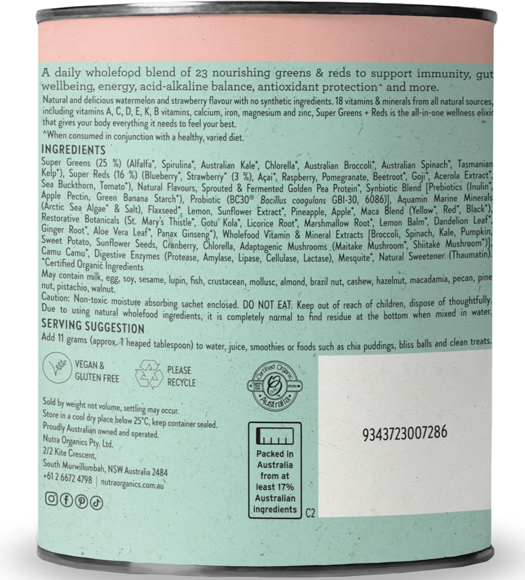 Nutra Organics Super Greens & Reds Watermelon Strawberry 300g