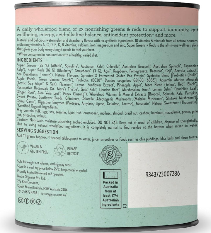 Nutra Organics Super Greens & Reds Watermelon Strawberry 300g