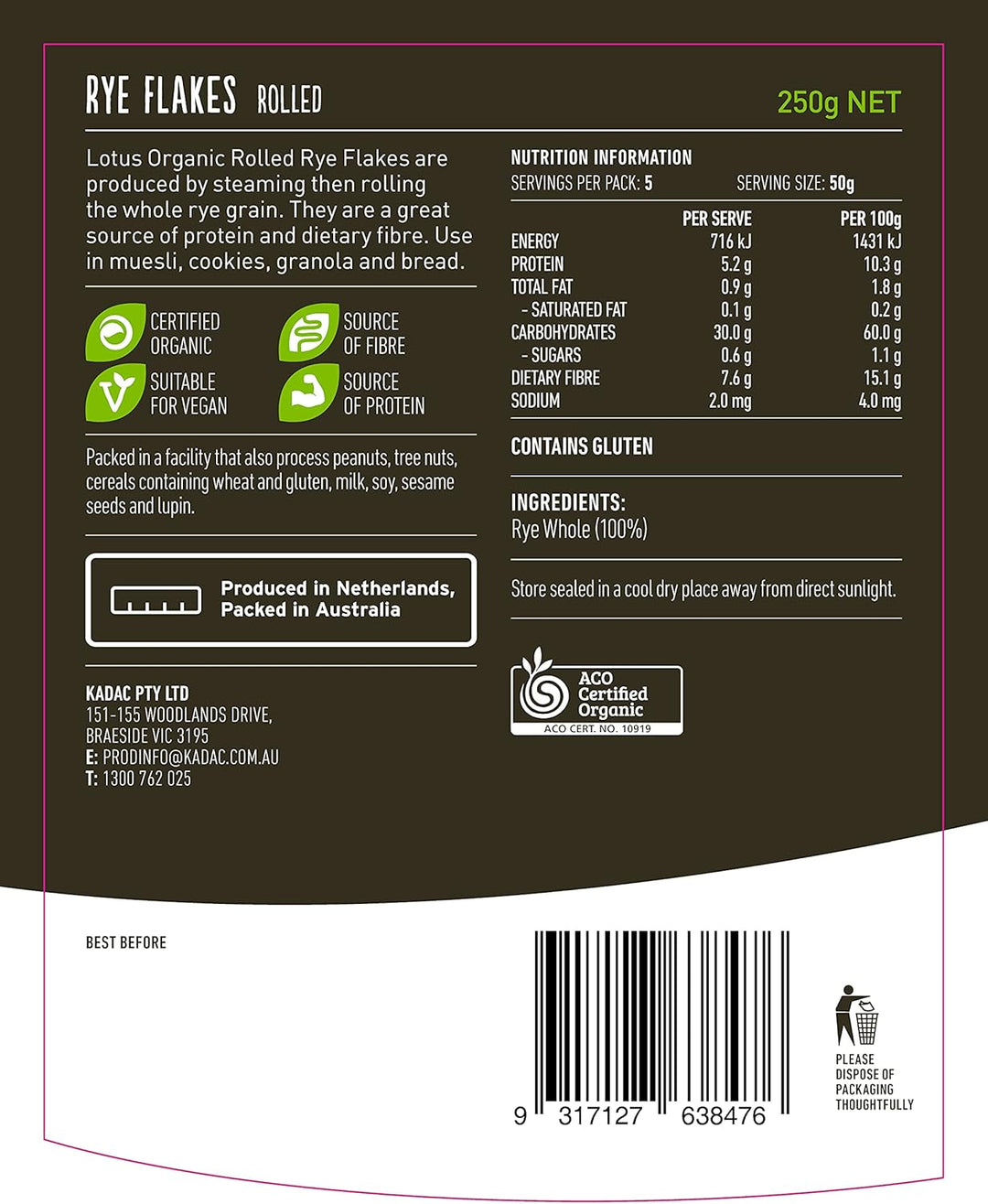 Lotus Organic Rolled Rye Flakes 250g