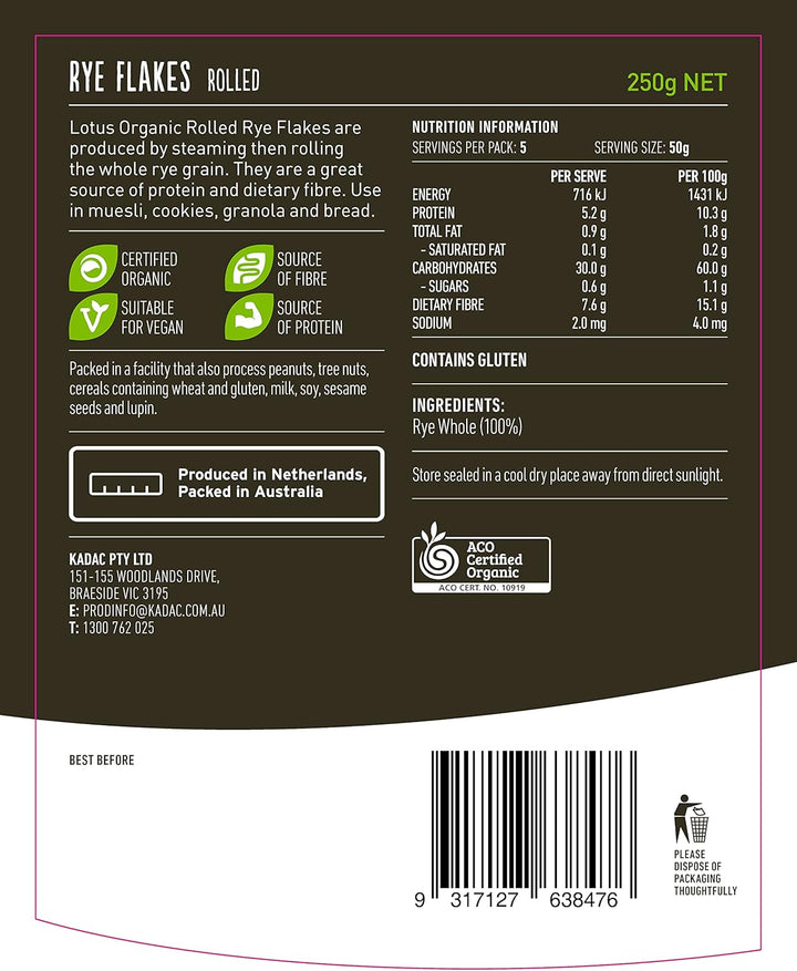 Lotus Organic Rolled Rye Flakes 250g