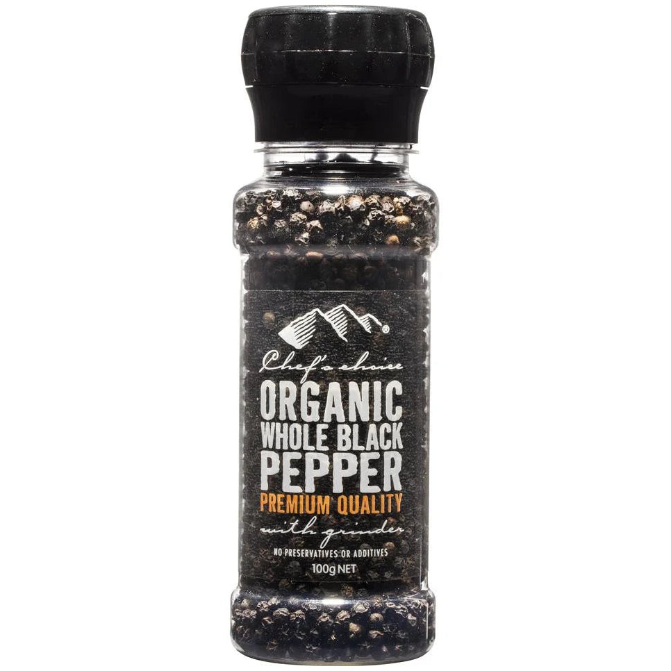 Chef's Choice Organic Whole Black Pepper With Grinder 100g