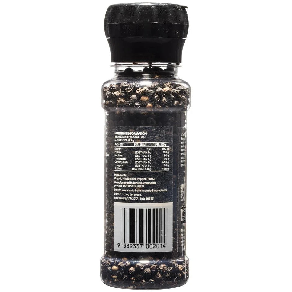 Chef's Choice Organic Whole Black Pepper With Grinder 100g