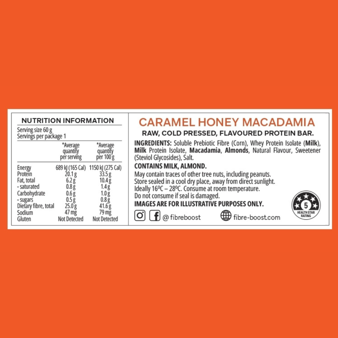 Fibre Boost Cold Pressed Protein Bar Caramel Honey Macadamia 50g