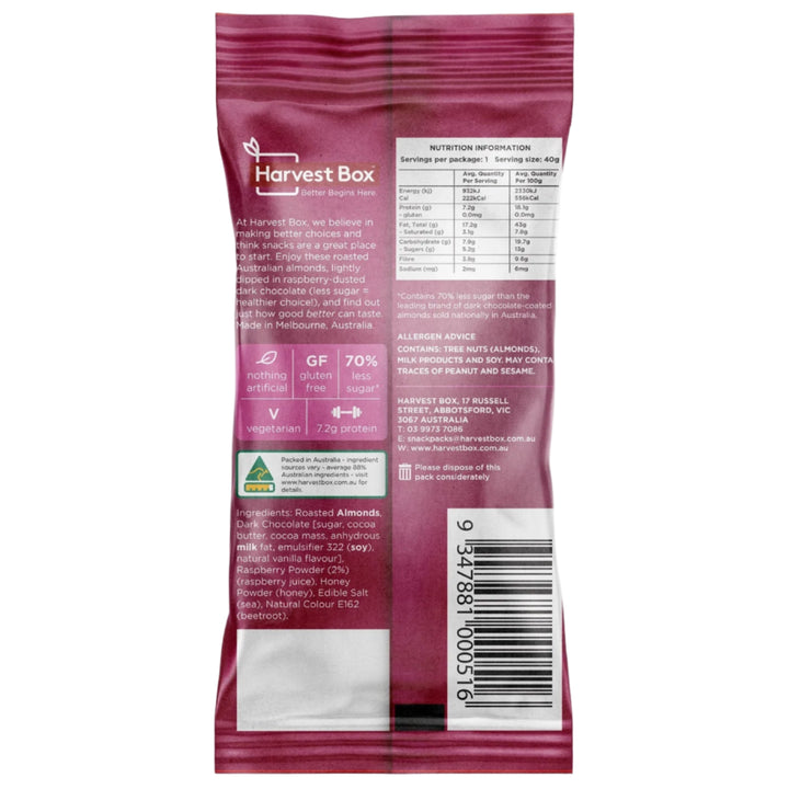 Harvest Box Dipped Raspberry & Dark Choc Almonds 40g