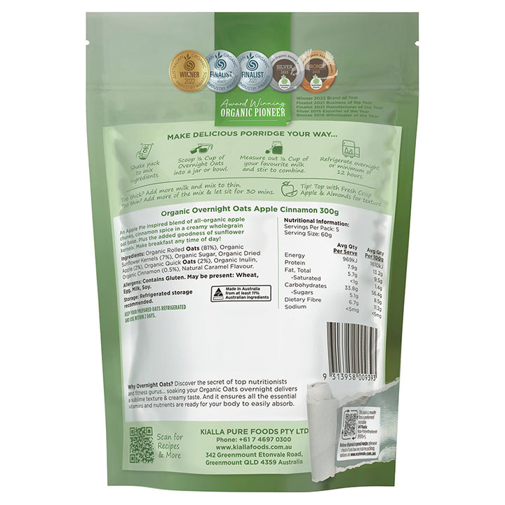 Kialla Organic Overnight Oats Apple Cinnamon Pouch 300g