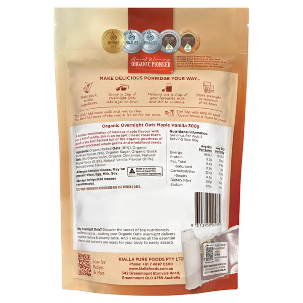 Kialla Organic Overnight Oats Maple Vanilla Pouch 300g