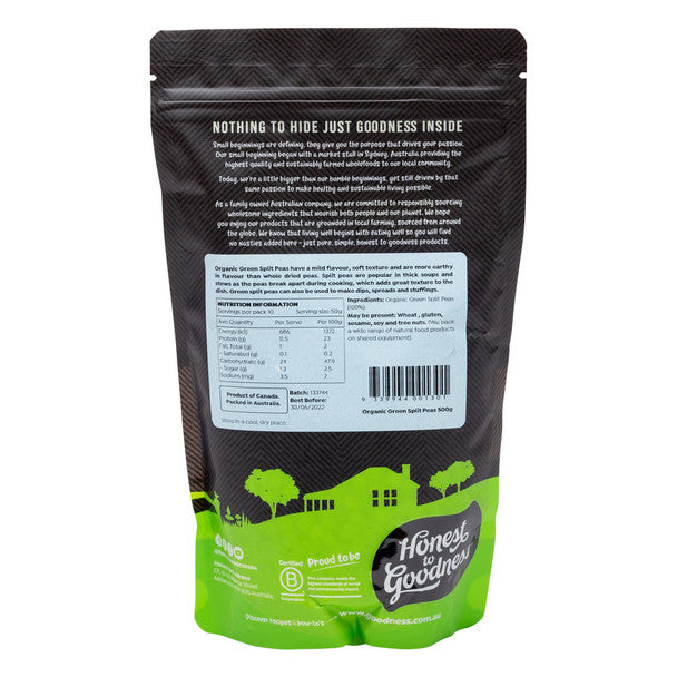 Honest To Goodness Organic Green Split Peas 500g