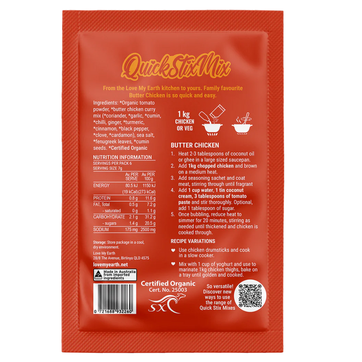 Love My Earth Quick Stix Mix Organic Recipe Base Butter Chicken 45g