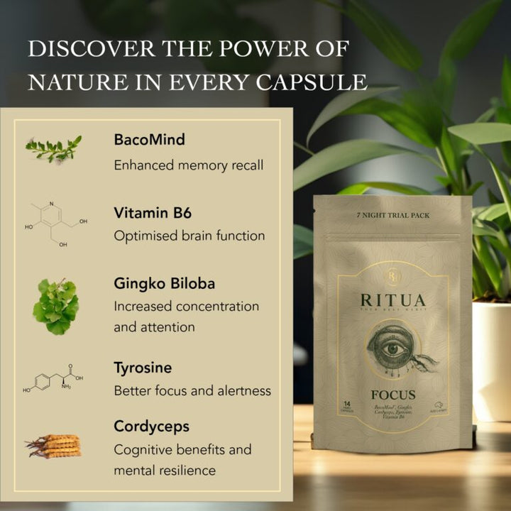 Ritua Focus 7 Day Bacomind, Ginkgo, Cordyceps, Tyrosine & B6 14c