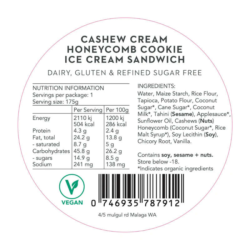 Roho Cookie Ice Cream Sandwich Cashew Honeycomb 175g