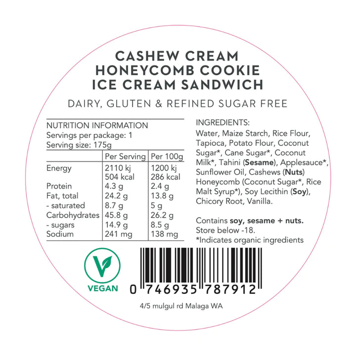 Roho Cookie Ice Cream Sandwich Cashew Honeycomb 175g