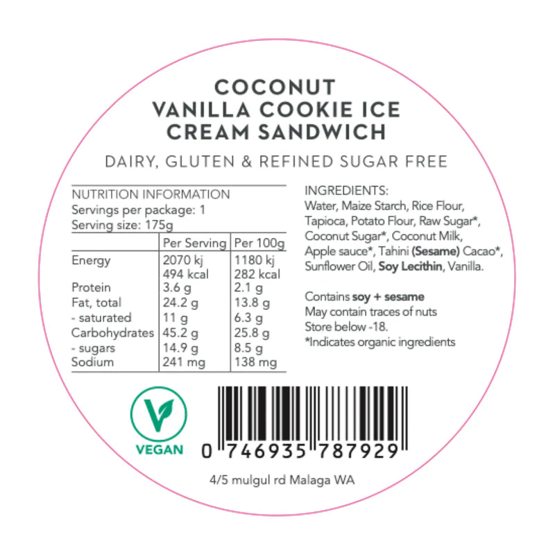 Roho Cookie Ice Cream Sandwich Coconut Vanilla 175g