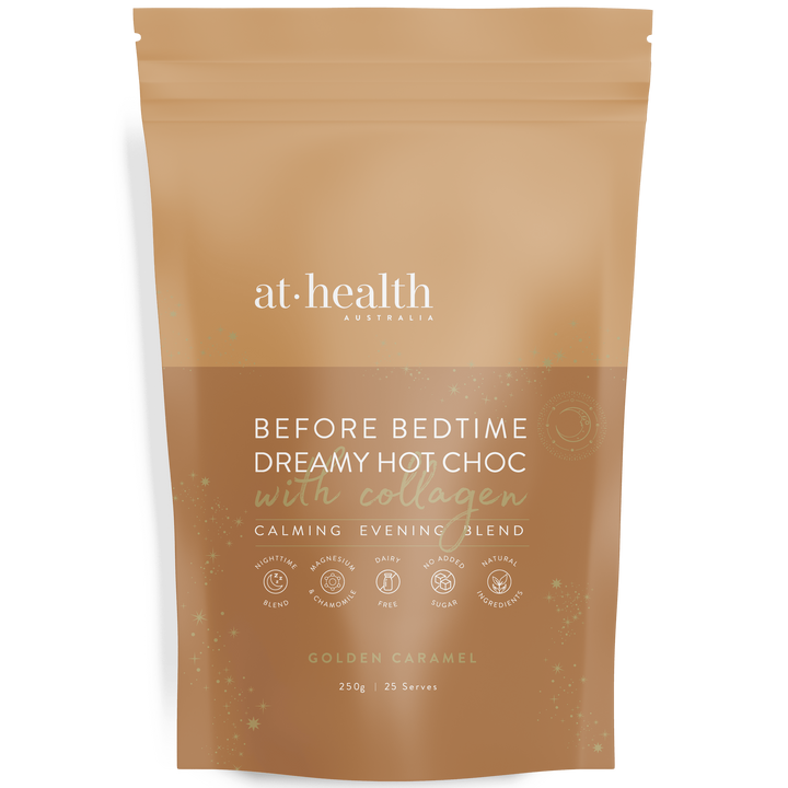 At Health Before Bedtime Hot Chocolate With Collagen Choc Golden Caramel 250g