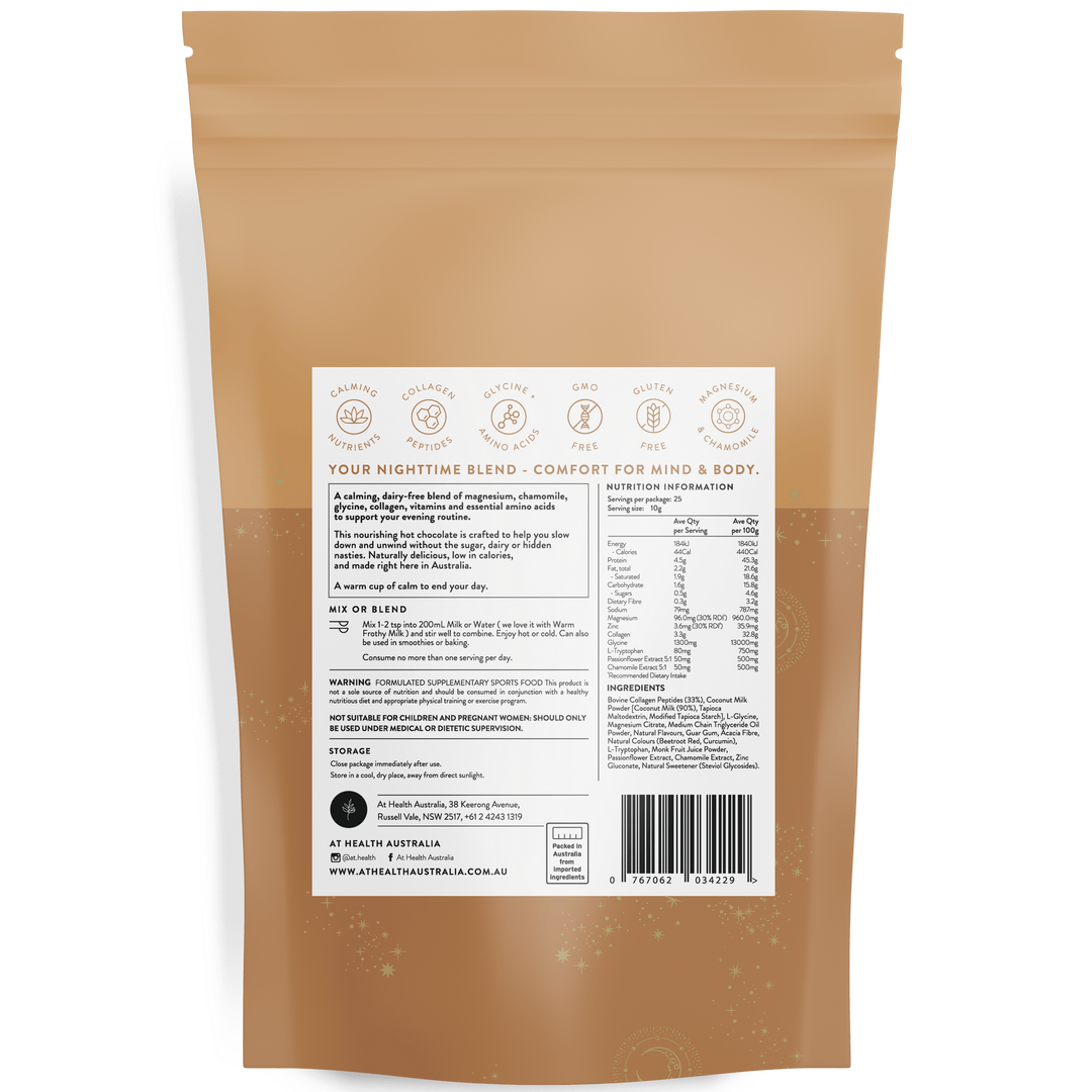 At Health Before Bedtime Hot Chocolate With Collagen Choc Golden Caramel 250g