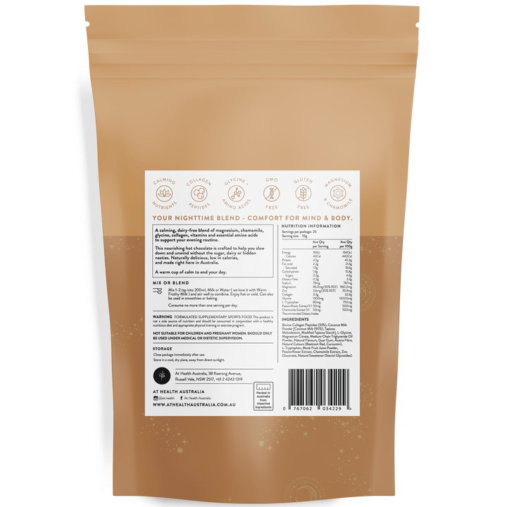 At Health Before Bedtime Hot Chocolate With Collagen Choc Golden Caramel 250g