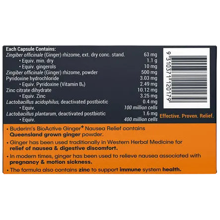 Buderim Ginger Bioactive + Nausea Relief Capsules 20c