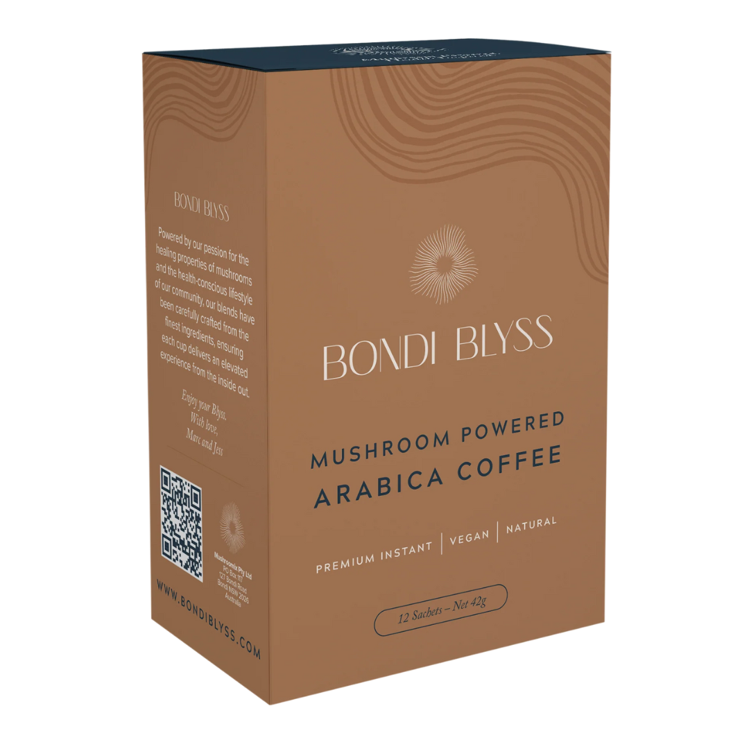 Bondi Blyss Mushroom Powered Arabica Coffee 12 Sachet Box