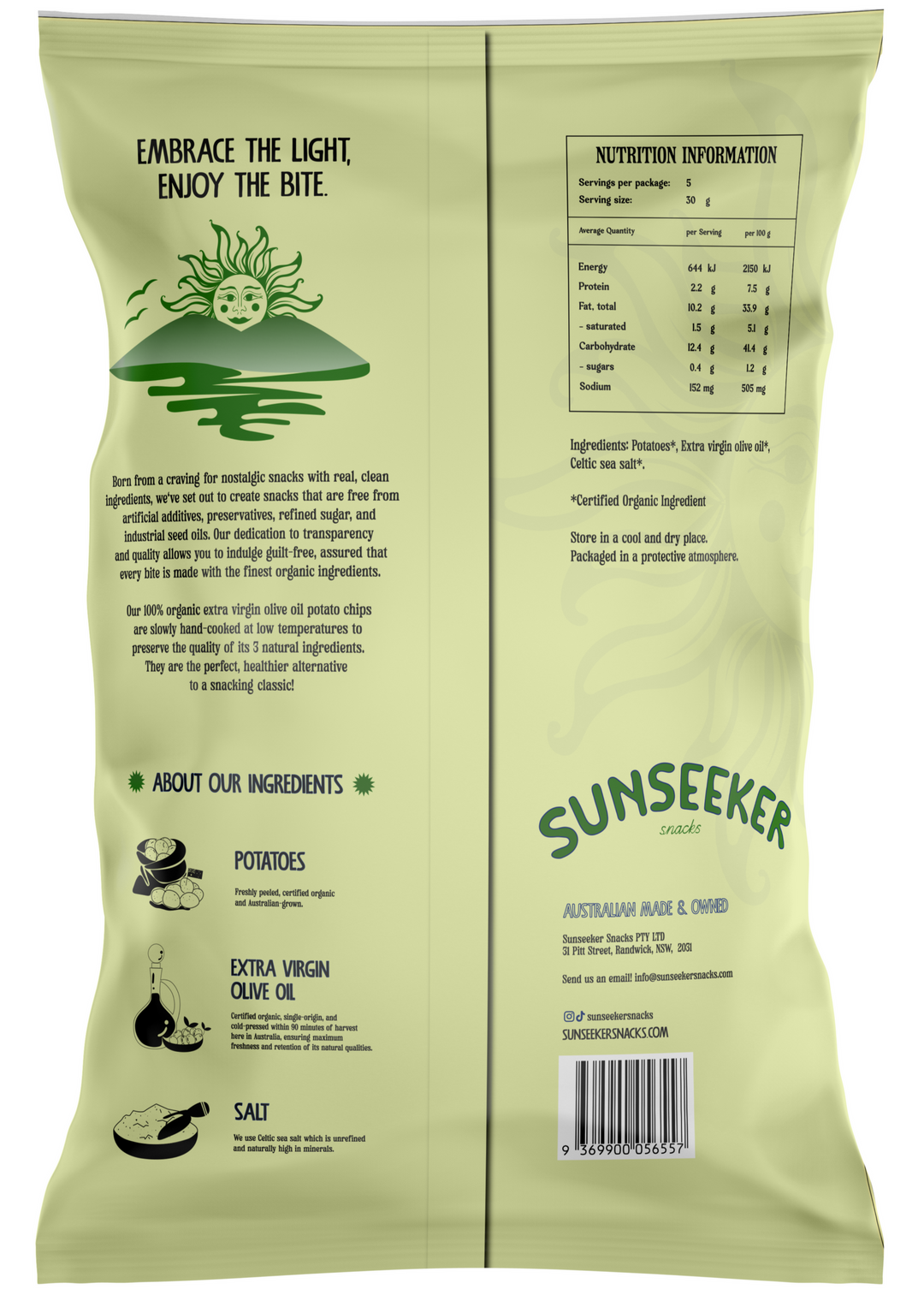 Sunseeker Snacks Organic Extra Virgin Olive Oil Potato Chips 140g
